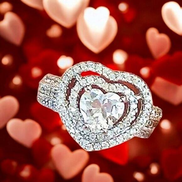 NEW Heart Ring Size 8 Silver 925 Simulated Diamonds Love Heart Wide Band Layered - Picture 2 of 14
